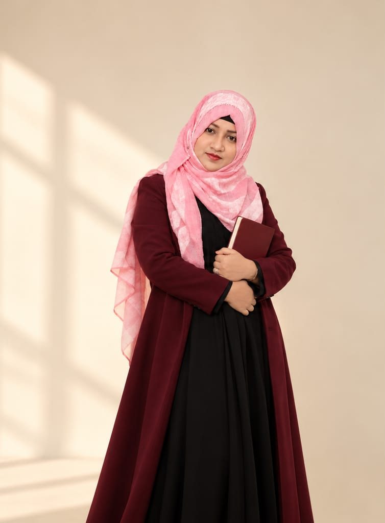 Fathima Samreen in a maroon abaya, holding a book